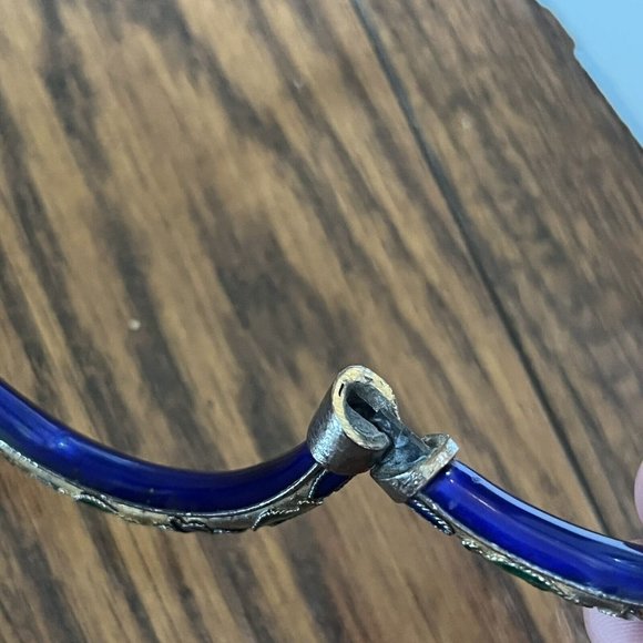 Vintage Cloisonné Blue Gold Floral Motif Enamel Hinged Bangle Bracelet - Picture 14 of 16